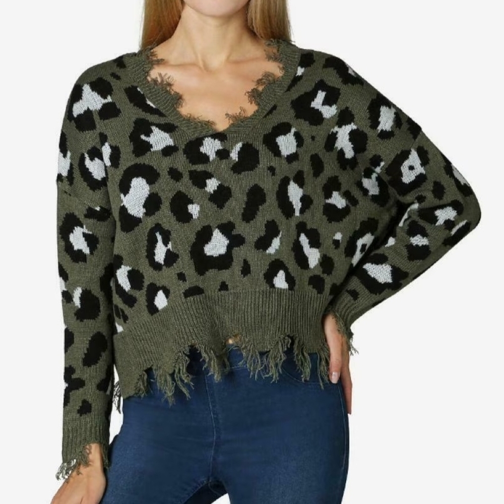 Polly & Esther Olive Leopard V-Neck Sweater